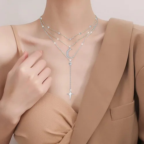 Vista 4 de Collares en Capas para Mujeres Plata de Ley S925 Gargantillas Collar para Mujeres Círculo/Corazón/Doble Círculo/Cruz/Estrella/Collar de Mal de Ojo