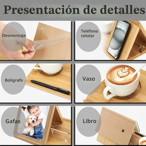 Vista 6 de Soporte para Libros de Bambú, Soporte Triangular para Libros con Marco de Imagen Acrílico, Descanso para Libros con Portavasos, Soporte para Tableta