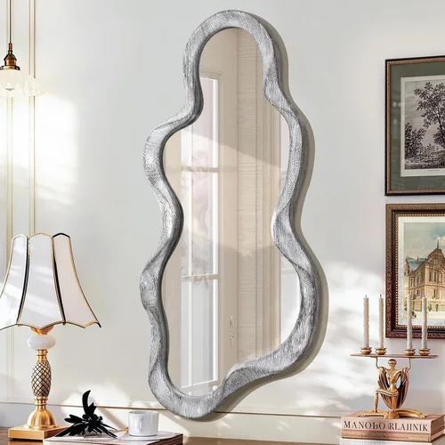 Vista 13 de Espejo asimétrico para decoración de pared, grande, moderno, ondulado, con marco de madera, espejo de pared con forma única montado en pared