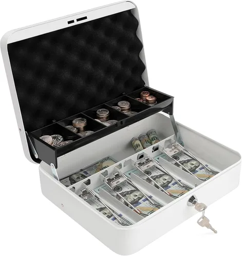 Vista 16 de Caja de efectivo con bandeja de dinero y cerradura, caja de dinero segura para efectivo, caja de bloqueo de metal con combinación, organizador