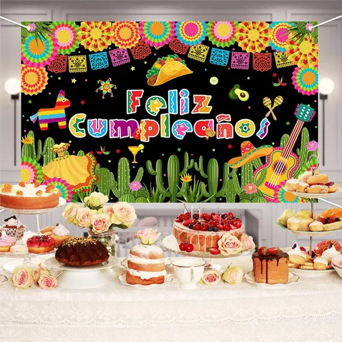 Vista 4 de Avezano Feliz Cumpleaños Fondo de Fiesta Mexicana Fiesta Fotografía Fondo Fiesta Cactus México Cinco De Mayo Carnaval Banner 70.8 x 43.3 pulgadas