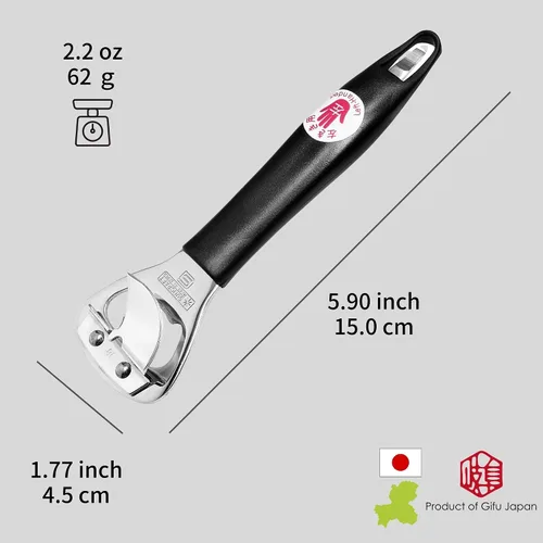 Vista 2 de Seki Japan - Abrelatas manual de mano, abrebotellas de acero inoxidable resistente, mango de plástico negro de 5.9 pulgadas para zurdos