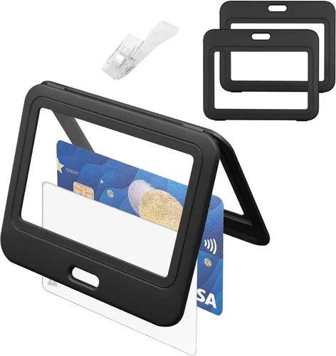 Vista 9 de Portatarjetas de identificación con clip de plástico, ventanas transparentes verticales de doble cara, estuche de plástico negro duro, resistente al
