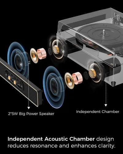 Vista 2 de Tocadiscos retro Bluetooth con altavoces integrados, tocadiscos de 3 velocidades por correa, control de graves y agudos, reproductor de vinilo Negro