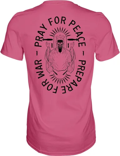 Vista 2 de Combat Iron Camiseta estampada de manga corta para hombre con texto en inglés "Pray for Peace, Prepare for War