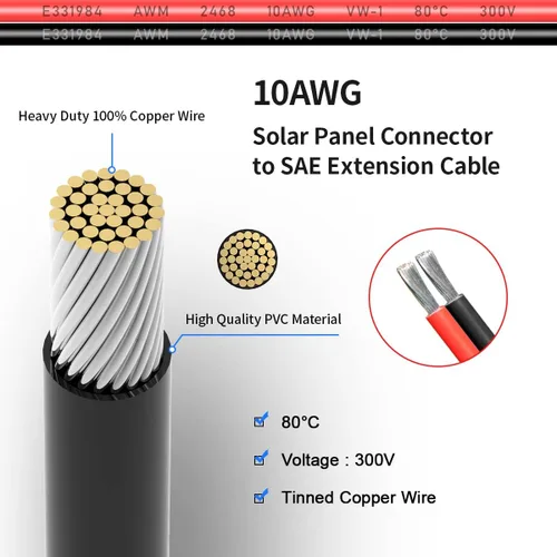 Vista 3 de ELFCULB Cable de extensión de panel solar SAE de 10 AWG de 10 pies a SAE 2 3.3 10 20 35 50 pies SAE con adaptador de polaridad inversa SAE