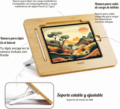 Vista 4 de AFOOYO Soporte de dibujo de bambú para tableta, portátil y ajustable, 5 ángulos, soporte elevador para laptop, soporte de lectura de libros