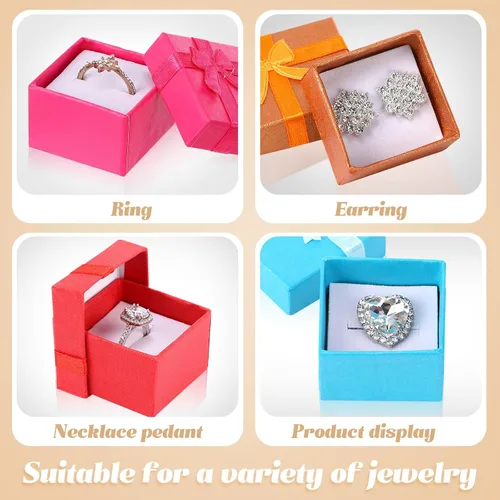Vista 7 de 160 cajas de regalo para anillos, caja de regalo de cartón, joyería de 1.57 x 1.57 pulgadas, caja cuadrada pequeña a granel con lazo y lazo, caja