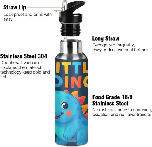 Vista 3 de Insulated Stainless Steel Water Bottle with Straw 20 Oz, BPA-Free Sport Water Bottle for Gym Outdoor Travel School, Cute Dinosaur Blue