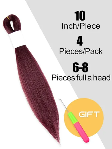 Vista 2 de Cabello trenzado burdeos, 10 pulgadas, 4 paquetes Cabello preestirado, trenzas de ganchillo cortas y rectas, textura Yaki, fibra sintética