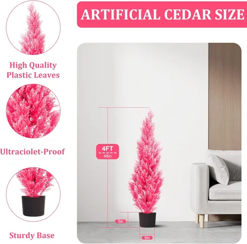 Vista 3 de Dos plantas artificiales rosas de 4 pies, árboles artificiales para interiores y exteriores, arbustos artificiales antirrayos ultravioleta, cedro