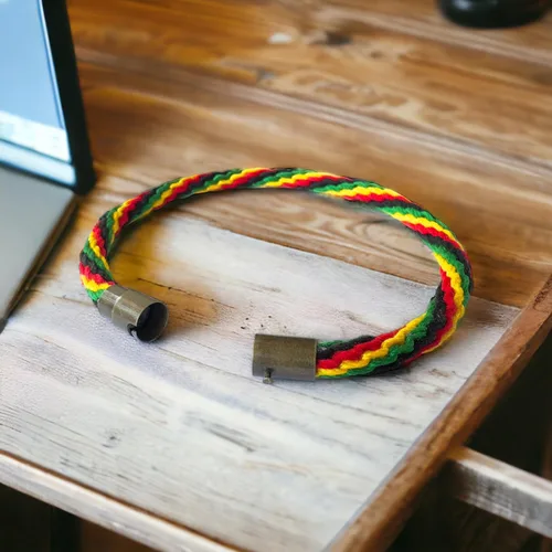 Vista 3 de Rasta - Pulsera hippie a cuadros, pulsera de cordón de raasta negra, pulsera de cuero y algodón trenzado Bob Marley