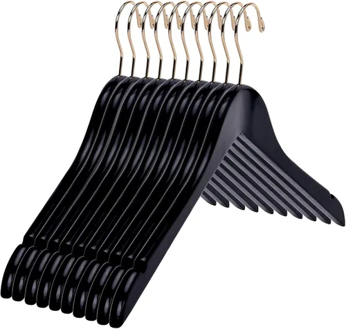 Vista 9 de Perchas de madera semicurvada negra de calidad, paquete de 10 perchas de madera maciza con acabado liso con gancho giratorio, chaqueta, pantalón