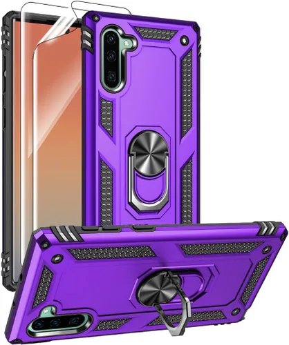 Vista 9 de Funda para Samsung Galaxy Note 10, Note10 con protectores de pantalla HD, soporte de anillo de metal de grado militar con soporte de anillo de Negro
