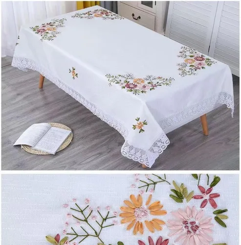 Vista 5 de Mantel de lino con borlas para mesa de centro para sala de estar, encaje rectangular (gris claro, Begonia grandis, 43 x 63 pulgadas)