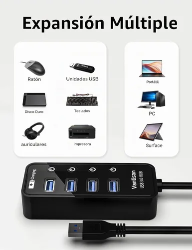 Vista 4 de vantisan Concentrador USB 3.0 alimentado, extensión USB de 4 puertos USB Hub Splitter (4 puertos de datos USB 3.0 + 1 puerto de carga inteligente)