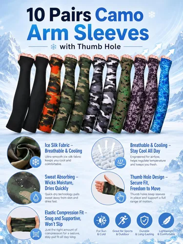 Vista 3 de Bememo - 10 pares de mangas de brazo unisex elásticas con protección UV para brazos, mangas de seda de hielo, mangas de enfriamiento para brazos
