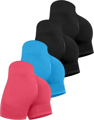 Vista 8 de CHRLEISURE Pantalones Cortos de Entrenamiento para Mujer, 4 Paquetes, Cintura Alta, Levantamiento de Glúteos con Fruncido, Pantalones Cortos Booty