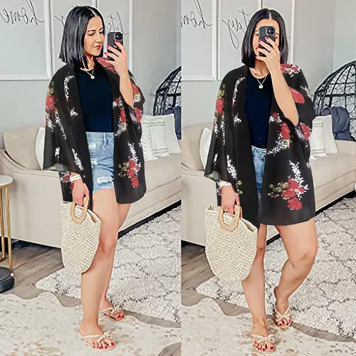 Vista 2 de Cárdigan tipo kimono de manga abombada con estampado floral para mujer, blusa informal