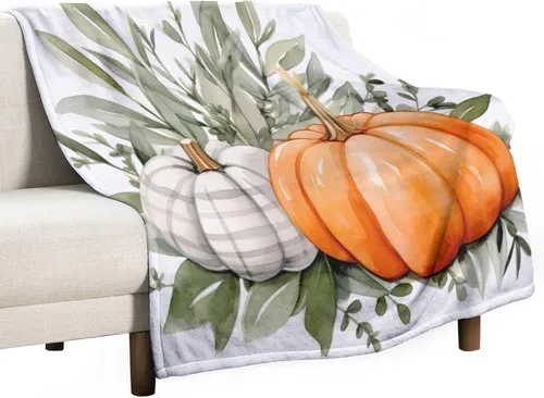 Vista 20 de Manta de lana cuadriculada con diseño de calabaza, hojas de arce, Acción de Gracias, manta de cama para otoño, Acción de Gracias, ligera, súper