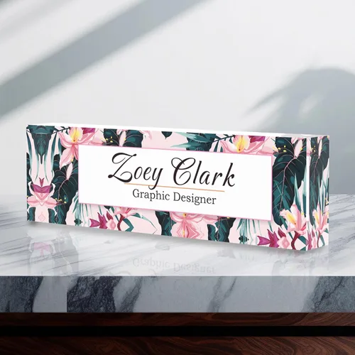 Vista 100 de Placa de identificación personalizada para escritorio, decoración de oficina de acrílico transparente con diseño de flores, decoraciones
