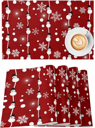 Vista 11 de Juego de 4 manteles individuales de Navidad de muñeco de nieve azul para mesa de comedor, juego de 4 manteles de tela impermeables, manteles Navidad