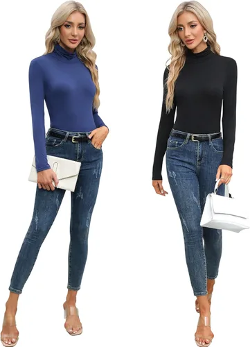 Vista 4 de Camisetas de manga larga para mujer, cuello alto, ajustadas, ligeras, informales, activas
