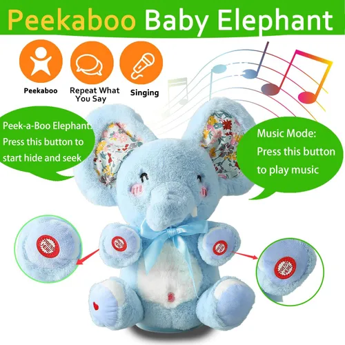 Vista 2 de HCdoujoy Baby Blue Peek A Boo Elefante de peluche de elefante cantante, repite lo que dices, musical para niños pequeños con orejas en movimiento