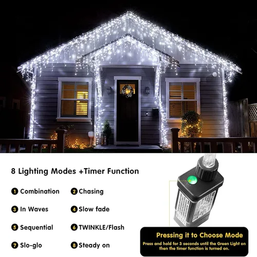 Vista 3 de Luces LED de Navidad para exteriores, decoraciones de Navidad, luz colgante de 400 LED, 8 modos, 75 gotas, impermeable, para interiores
