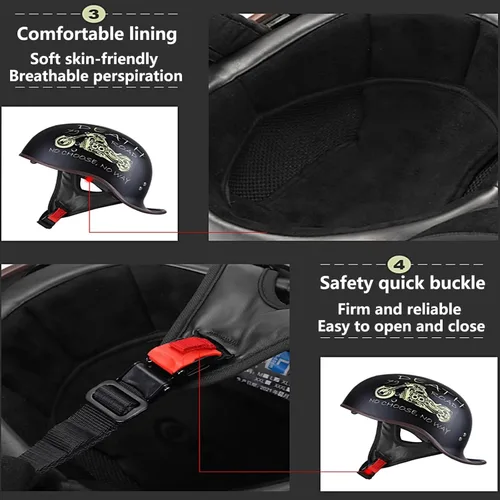 Vista 5 de Casco de motocicleta retro de media cara aprobado por DOT para hombres y mujeres adultos, estilo vintage alemán, con diseño de calavera