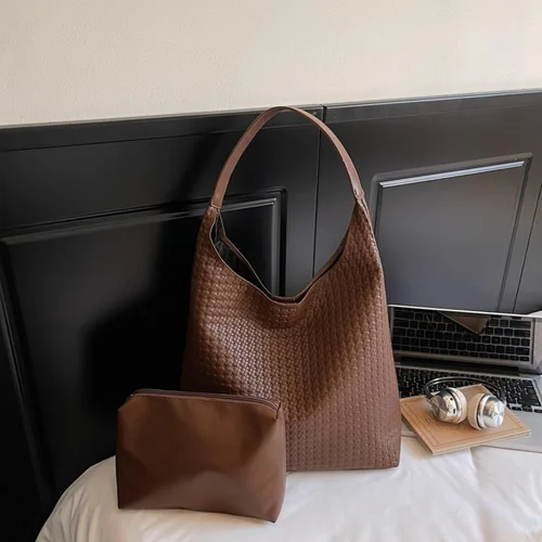 Vista 4 de Vintage large capacity bag, simple shoulder bag, woven pattern casual commuting tote bag