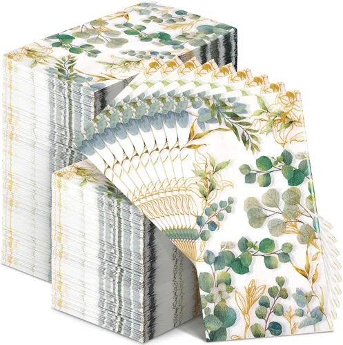 Vista 8 de Spiareal - 120 servilletas de papel verde de 3 capas desechables para invitados, toallas de mano para baño, hojas de eucalipto verdes, servilletas
