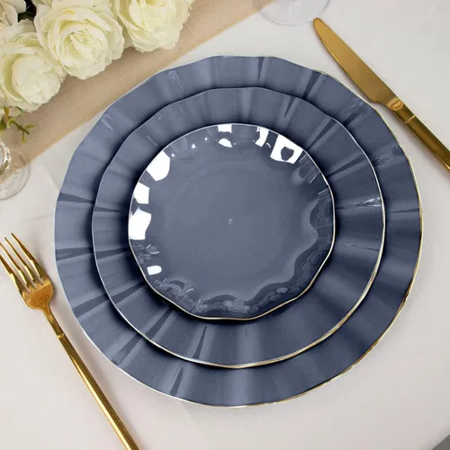 Vista 83 de Tableclothsfactory Paquete de 10 platos redondos de plástico negro de 6 pulgadas para ensalada de postre, platos desechables con borde ondulado