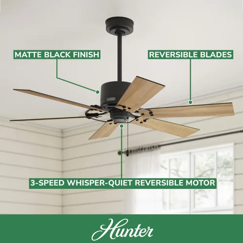 Vista 2 de Hunter 52 pulgadas Ventilador de techo para interiores sin luz - Ventilador de techo negro sin luz, 6 aspas, montaje estándar, para dormitorio, sala