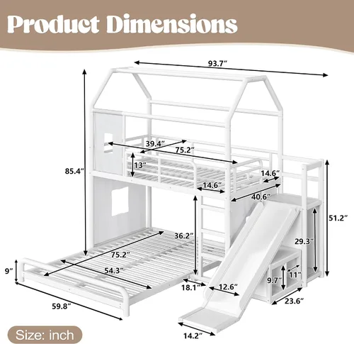 Vista 2 de RUNNA Playhouse Twin Over Full Bunk Bed with Slide and LED，Antique White-M