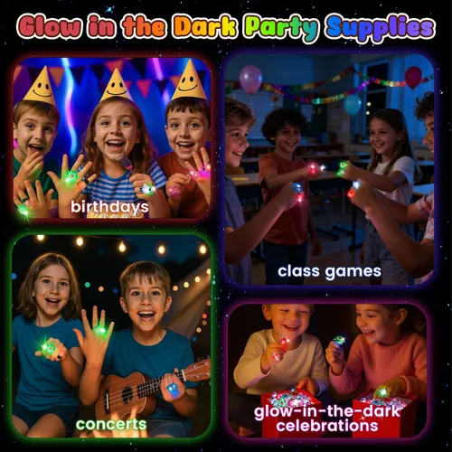 Vista 7 de LovesTown 50 anillos de luz LED, juguetes iluminados para niños que brillan en la oscuridad, suministros de fiesta intermitentes para recuerdos