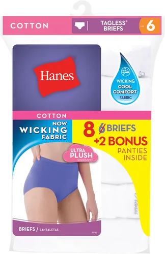 Vista 2 de Hanes Calzones Hanes de algodón para mujer, paquete de 6, color blanco (Bonus +2)