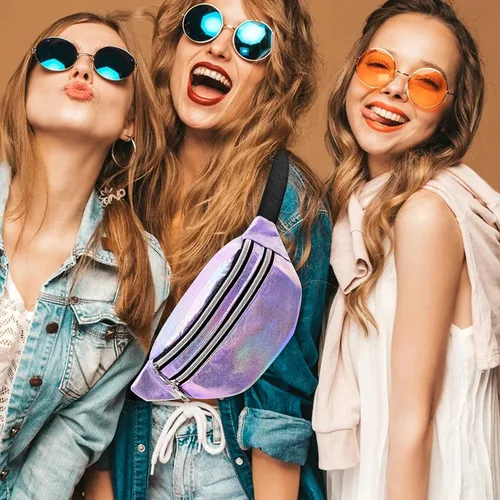 Vista 5 de Riñonera holográfica de moda para regalo del día de la madre, bolsa de cintura deportiva morada, cangurera de viaje brillante para trabajo, correr