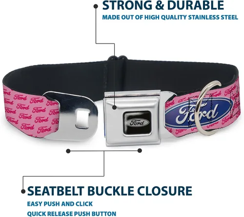 Vista 4 de Buckle-Down Collar de perro con hebilla para cinturón de seguridad, Ford Oval con texto rosa, 1 pulgada de ancho, se adapta a cuello de 15 a 26