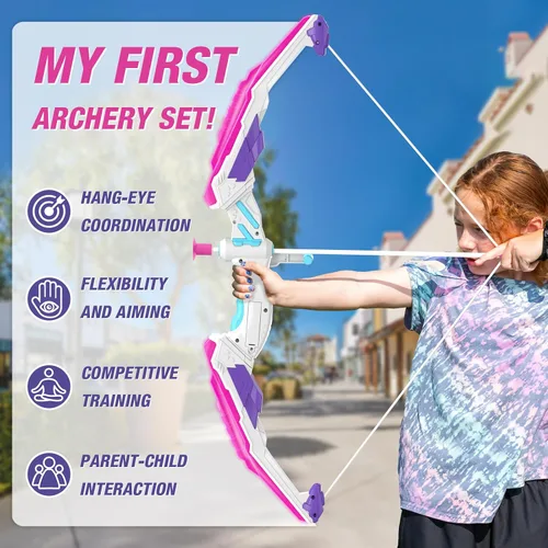 Vista 6 de HYES Arco y flecha para niños, juego de tiro con arco con luz LED con 12 flechas de ventosa, 1 objetivo para colgar, 3 objetivos de puntuación y 1