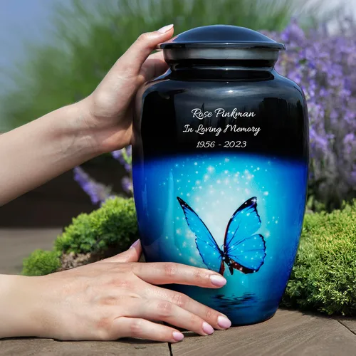 Vista 4 de Urna de cremación de mariposa azul para cenizas humanas, homenaje conmemorativo personalizado en azul brillante, nombre y fechas personalizados