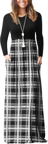 Vista 24 de GRECERELLE Vestido largo de manga larga para mujer, casual, cuello redondo, holgado, sólido floral, maxi largo con bolsillos, S-3XL A-Negro