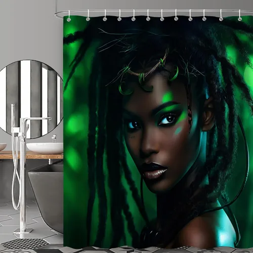Vista 2 de Cortina de ducha para niñas afroamericanas para baño, juego de cortina de ducha bohemia con hojas verdes, tela de selva, decoración de baño moderna