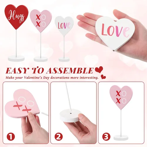 Vista 3 de 3 piezas de decoración de mesa de madera en forma de corazón para el día de San Valentín con base adornos de corazón para el día de San Valentín