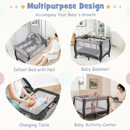 Vista 2 de HONEY JOY Pack and Play, centro de guardería plegable 4 en 1 con moisés infantil de tamaño completo y cambiador de pañales, cuna portátil para niños