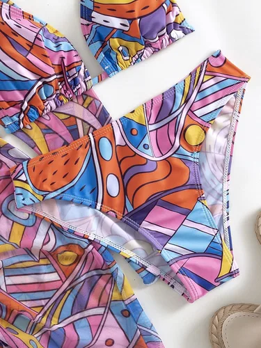 Vista 3 de SOLY HUX Traje de baño de 3 piezas para mujer con estampado de triángulo halter