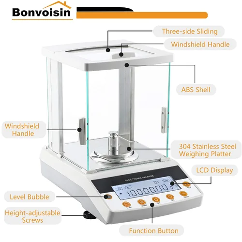 Vista 4 de Balanza analítica digital Bonvoisin de 0,1 mg de alta precisión, balanza electrónica certificada CE, 0.00 oz, báscula de laboratorio científico