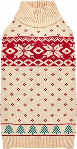 Vista 7 de Blueberry Pet Let It Snow Suéter Clásico Feo de Navidad con Capucha y Diseño de Copos de Nieve para Perro en Rojo y Blanco, Longitud de Espalda 12