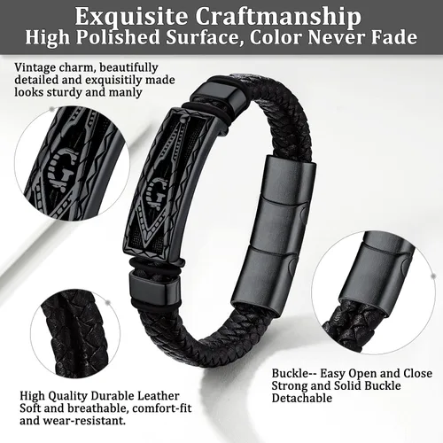 Vista 5 de Bestyle Pulseras vikingas trenzadas de cuero genuino para hombres y niños, pulseras vintage de martillo de Thorcalaveramasónico masón con cierre,