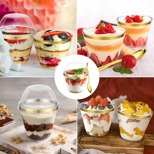 Vista 2 de Jinei 50 juegos de tazas de postre de plástico de 9 onzas con tapas de cúpula, cucharas de plástico transparente con borde dorado, vasos de frutas